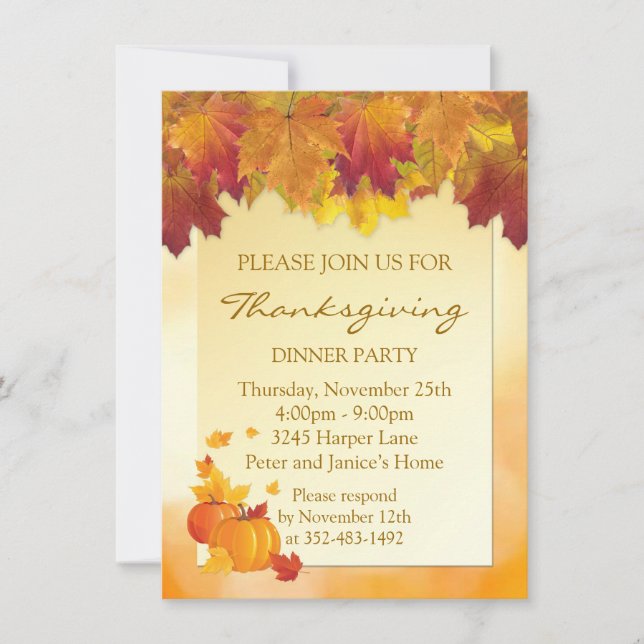 Autumnal leaves, pumpkins Thanksgiving Party Invitation (Front)