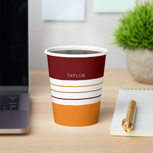 Autumnal Maroon Orange Stripes With Name Paper Cups (Insitu)