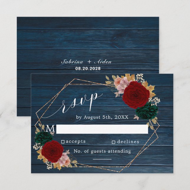 Autumnal Navy | Burgundy Emerald Greeny Floral RSVP Card (Front/Back)