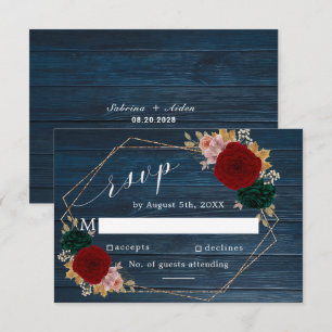 Autumnal Navy   Burgundy Emerald Greeny Floral RSVP Card