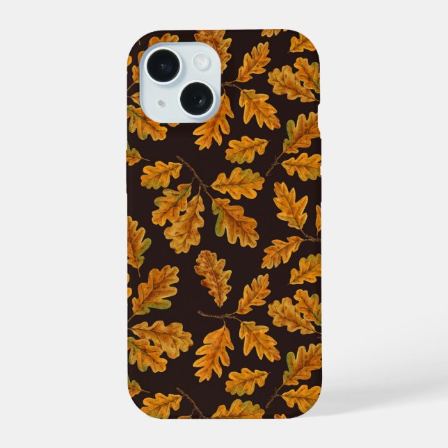 Autumnal oak leaves on dark brown iPhone 15 case (Back)