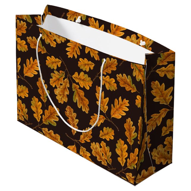 Autumnal oak leaves on dark brown large gift bag (Back Angled)