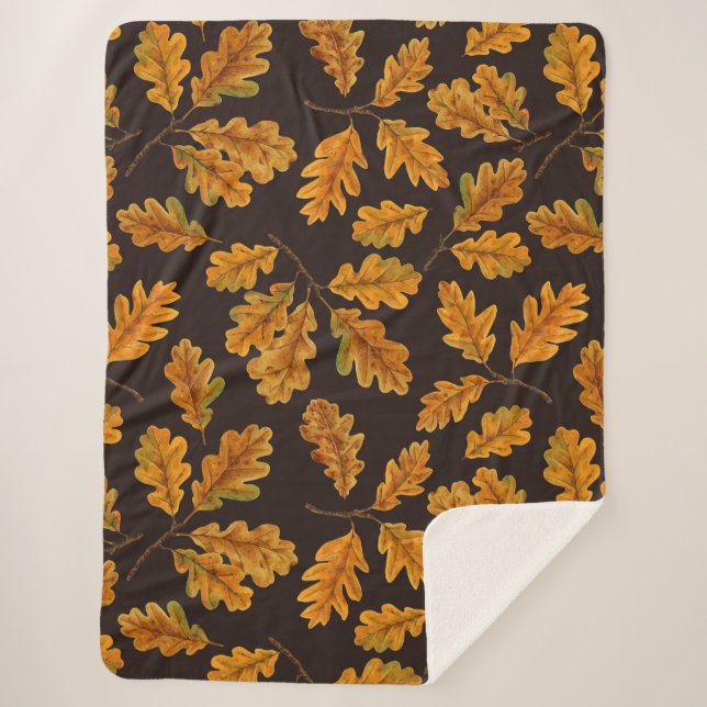 Autumnal oak leaves on dark brown sherpa blanket (Front)