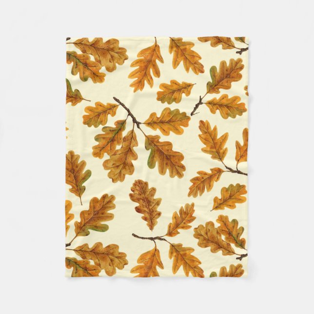 Autumnal oak leaves on off white fleece blanket (Front)