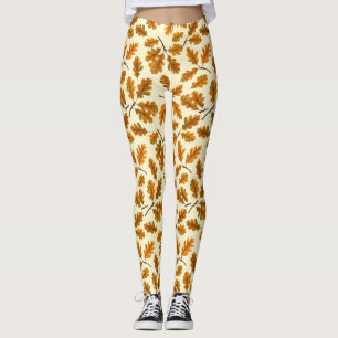 Autumnal oak leaves on off white leggings