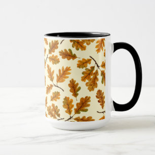 Autumnal oak leaves on off white mug