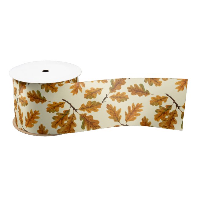Autumnal oak leaves on off white satin ribbon (Spool)