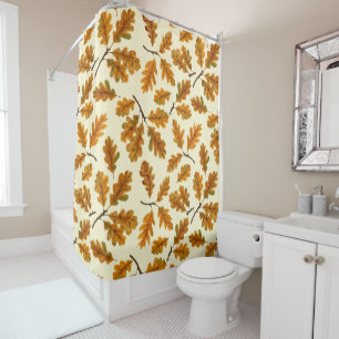 Autumnal oak leaves on off white shower curtain