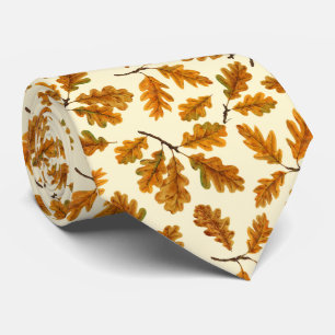 Autumnal oak leaves on off white tie