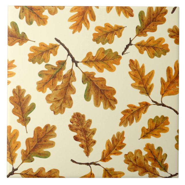 Autumnal oak leaves on off white tile (Front)