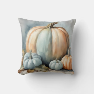 Autumnal Pastel Blue Watercolor Pumpkin Decorative Cushion