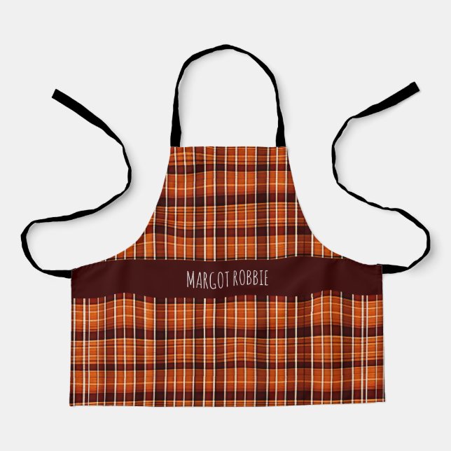 Autumnal Plaid Orange Brown Geometric Pattern Apron (Front)