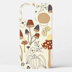 Autumnal seamless pattern with mushrooms, flowers, iPhone 12 case