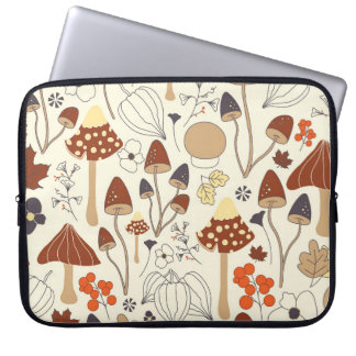 Autumnal seamless pattern with mushrooms, flowers, laptop sleeve