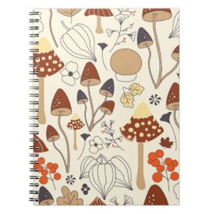 Autumnal seamless pattern with mushrooms, flowers, notebook