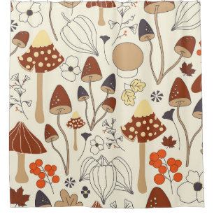 Autumnal seamless pattern with mushrooms, flowers, shower curtain