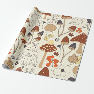 Autumnal seamless pattern with mushrooms, flowers, wrapping paper