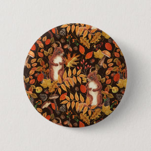 Autumnal squirrels and flora on dark brown 6 cm round badge