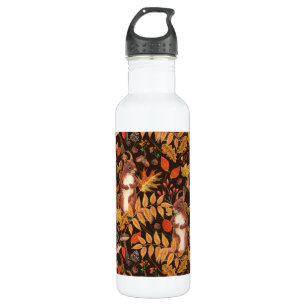 Autumnal squirrels and flora on dark brown 710 ml water bottle