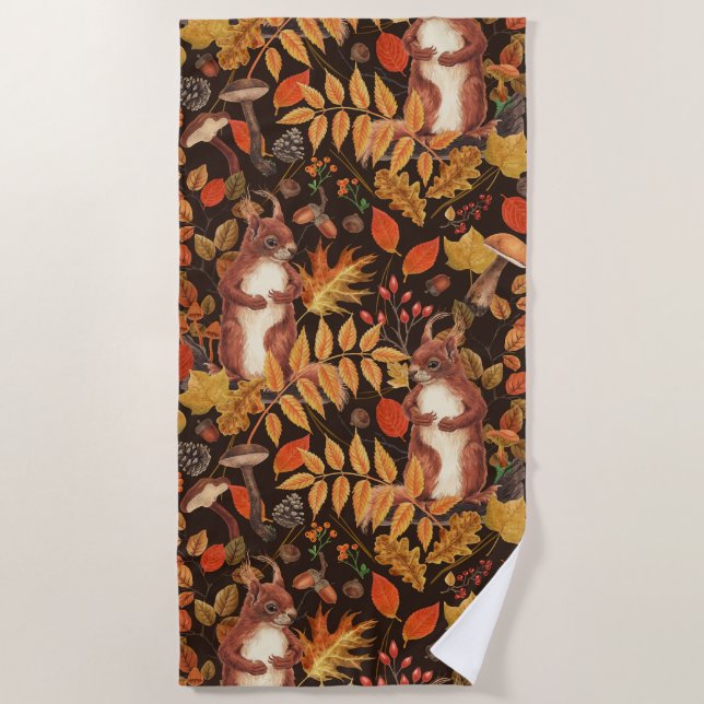 Autumnal squirrels and flora on dark brown beach towel (Front)