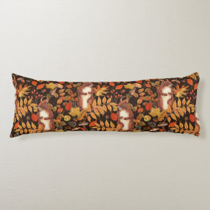 Autumnal squirrels and flora on dark brown body cushion