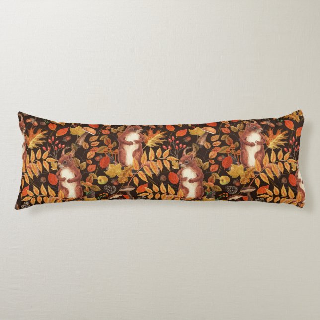 Autumnal squirrels and flora on dark brown body cushion (Front)