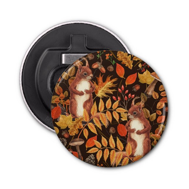 Autumnal squirrels and flora on dark brown bottle opener (Front)