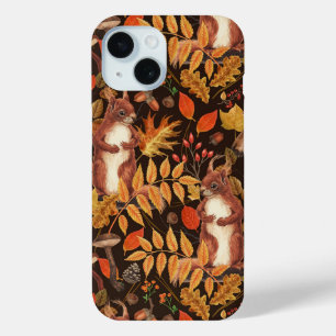 Autumnal squirrels and flora on dark brown iPhone 15 case