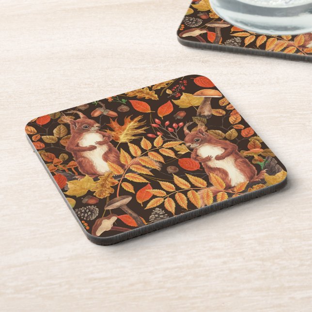 Autumnal squirrels and flora on dark brown coaster (Left Side)