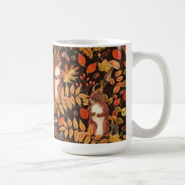 Autumnal squirrels and flora on dark brown coffee mug (Right)