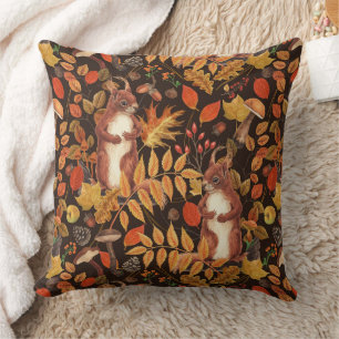 Autumnal squirrels and flora on dark brown cushion