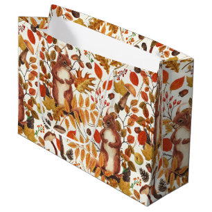 Autumnal squirrels and flora on dark brown large gift bag