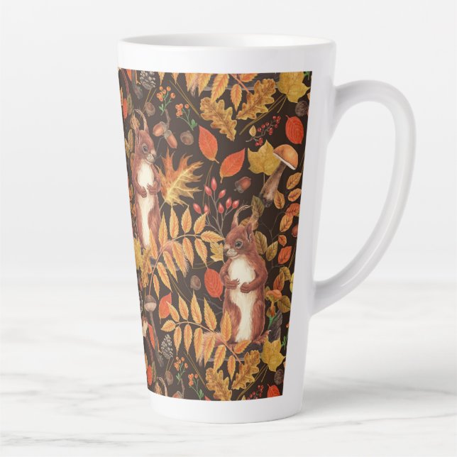 Autumnal squirrels and flora on dark brown latte mug (Right)