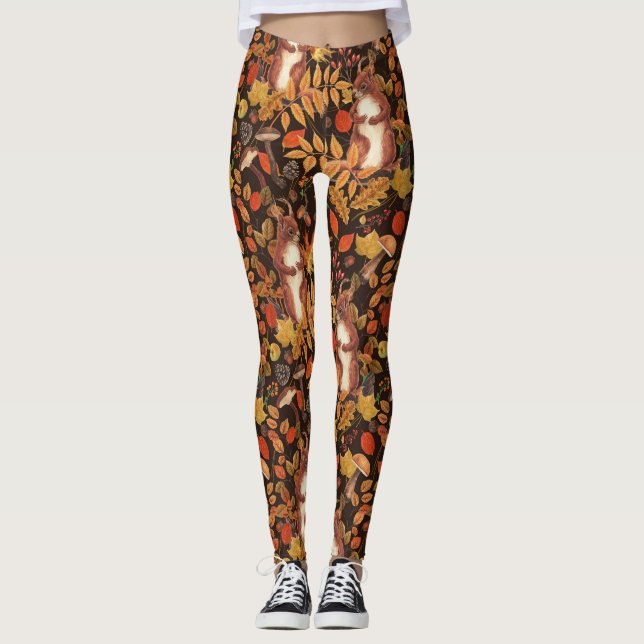 Autumnal squirrels and flora on dark brown leggings (Front)