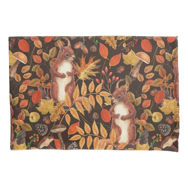 Autumnal squirrels and flora on dark brown pillowcase (Front-Left)