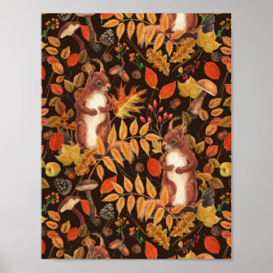 Autumnal squirrels and flora on dark brown poster
