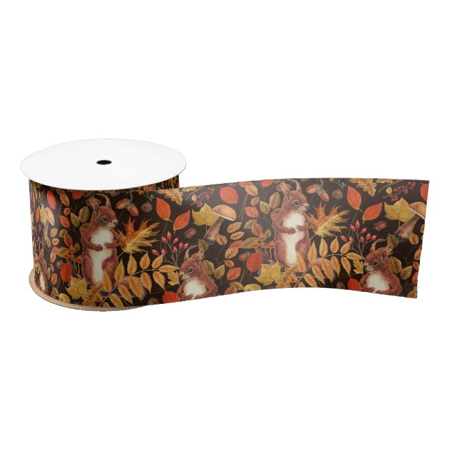 Autumnal squirrels and flora on dark brown satin ribbon (Spool)