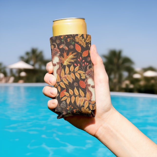 Autumnal squirrels and flora on dark brown seltzer can cooler (In Situ Pool)