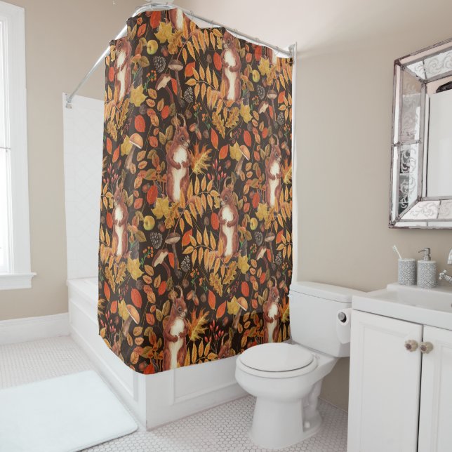 Autumnal squirrels and flora on dark brown shower curtain (In Situ)