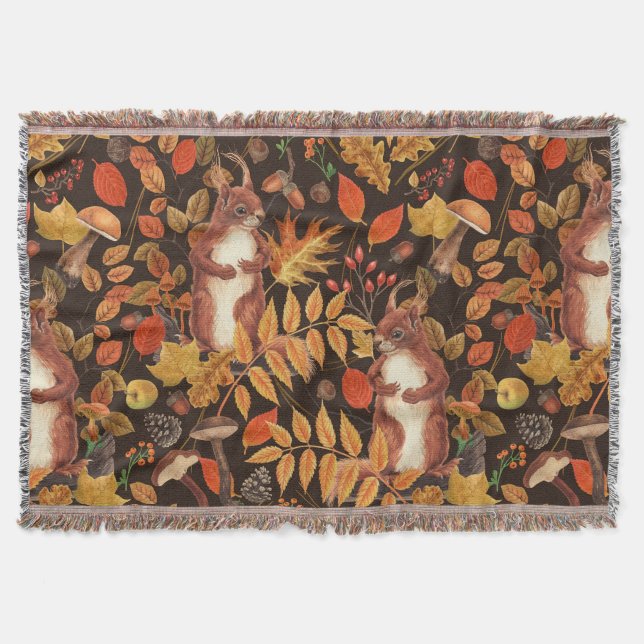 Autumnal squirrels and flora on dark brown throw blanket (Front)