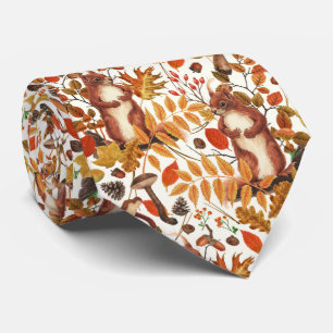 Autumnal squirrels and flora on dark brown tie
