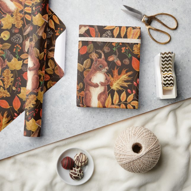 Autumnal squirrels and flora on dark brown wrapping paper (Crafts)