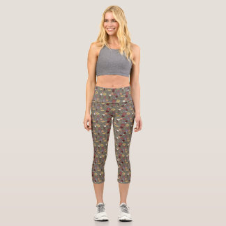 Autumn's Floral Embrace Green Background Capri Leggings