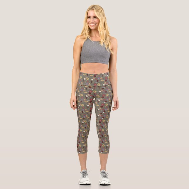 Autumn's Floral Embrace Green Background Capri Leggings (Front)