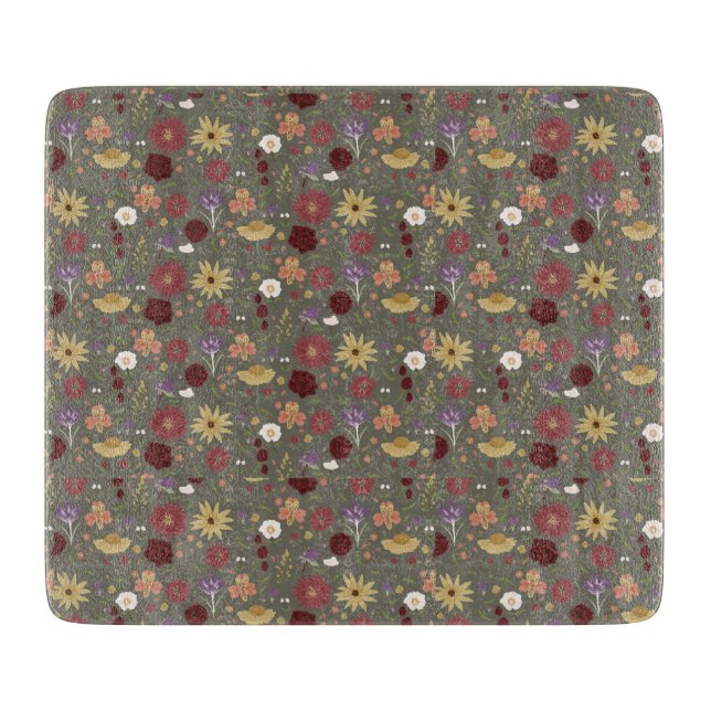 Autumn's Floral Embrace Green Background Cutting Board (Front)