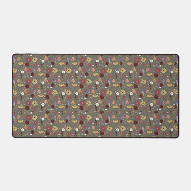 Autumn's Floral Embrace Green Background Desk Mat (Front)