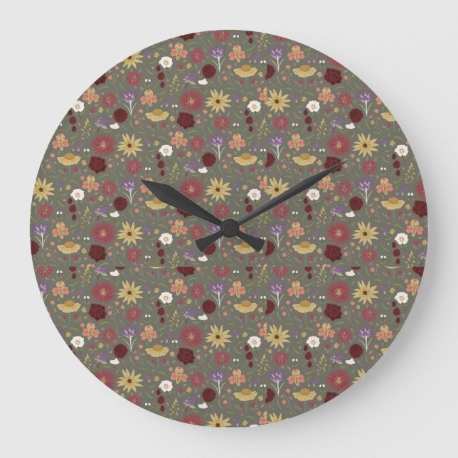 Autumn's Floral Embrace Green Background Large Clock (Front)