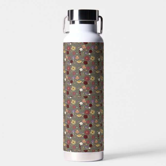 Autumn's Floral Embrace Green Background Water Bottle (Front)