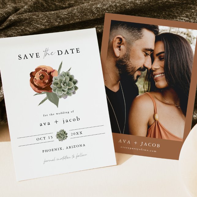 AVA Boho Terracotta Floral Succulent Save the Date Invitation (Creator Uploaded)