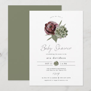 AVA Burgundy Floral Succulent Desert Baby Shower Invitation